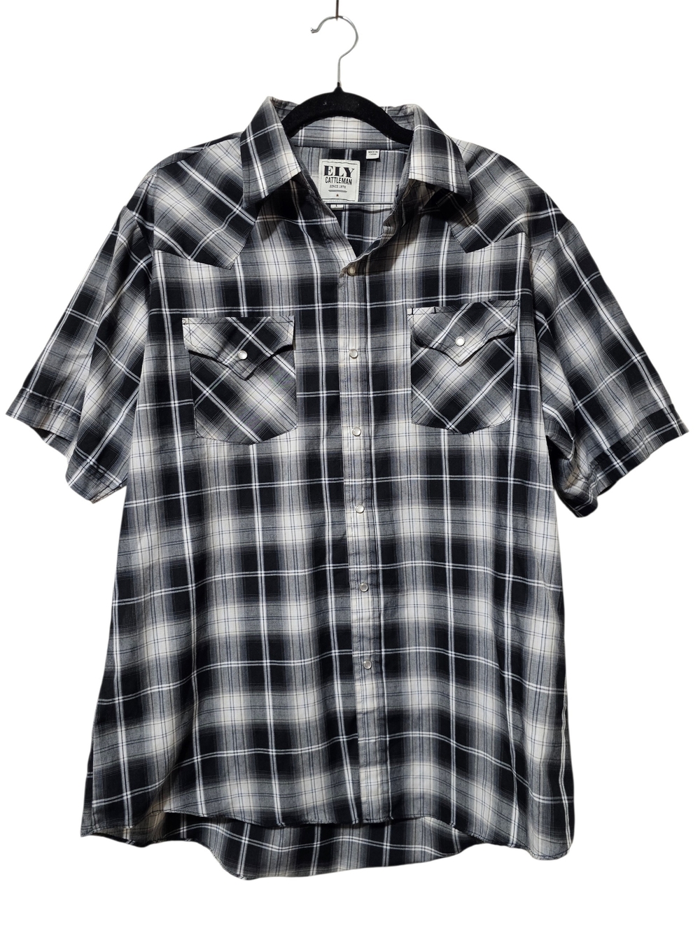 Like New Ely Cattleman Black & White Plaid Short Sleeve Western Shirt